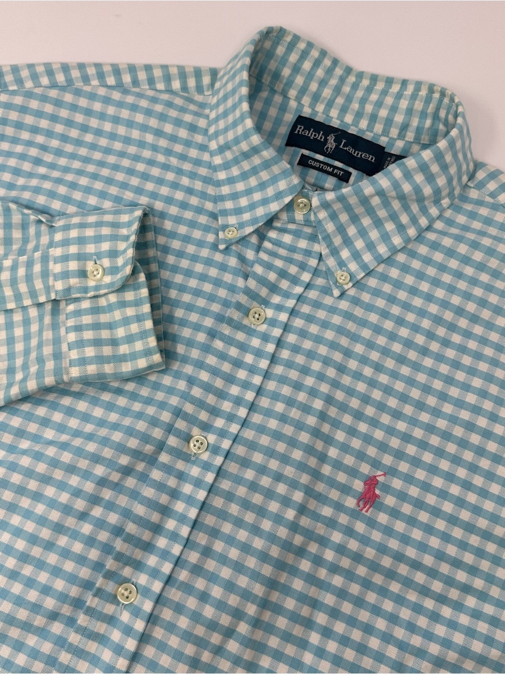 Ralph Lauren Men's L Custom Fit Button Down Long Sleeve Aqua/White Gingham Shirt